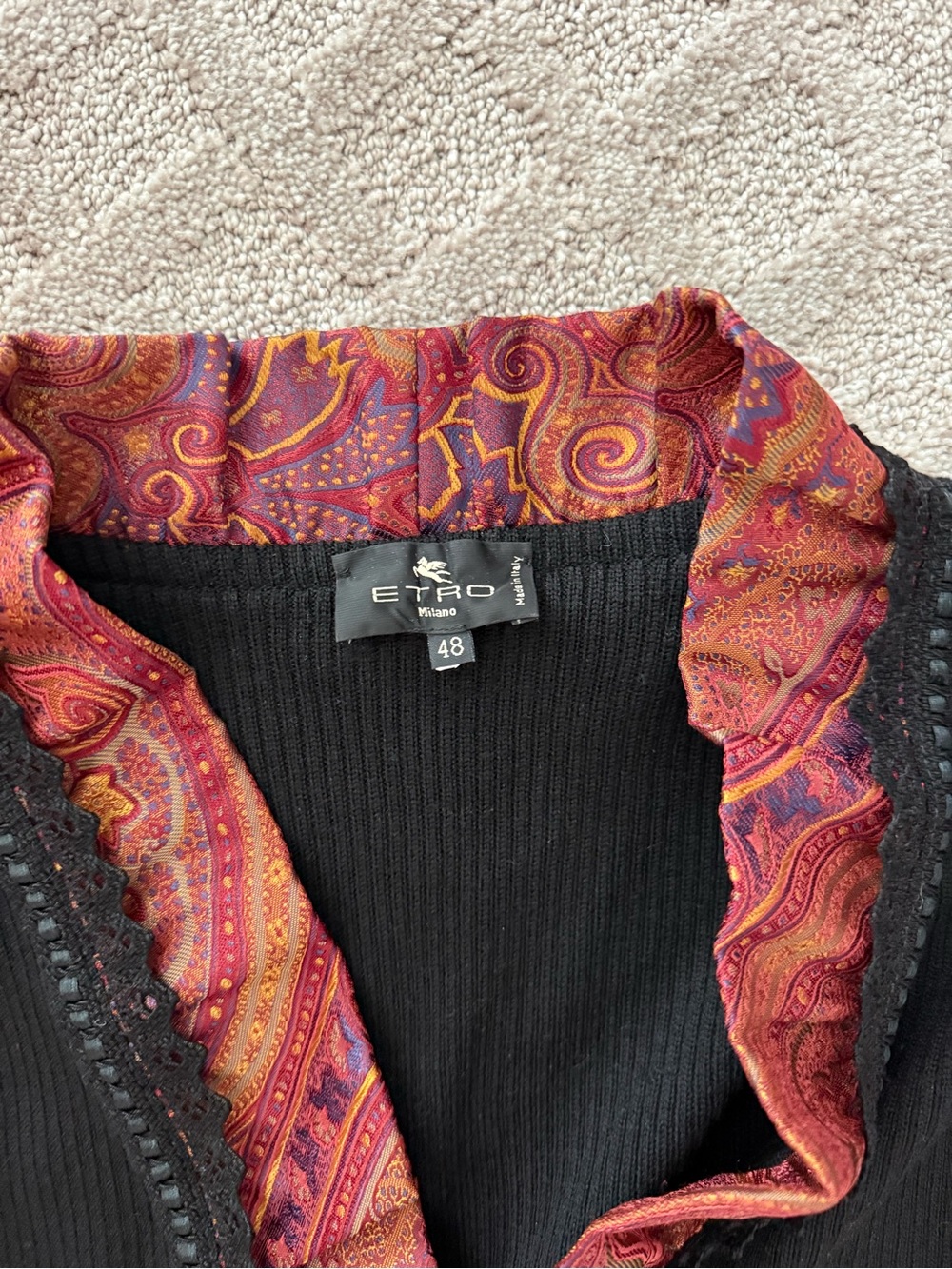 Etro Silk Trim Ribbed Cardigan Black & Red Size 48 - Picture 2 of 3